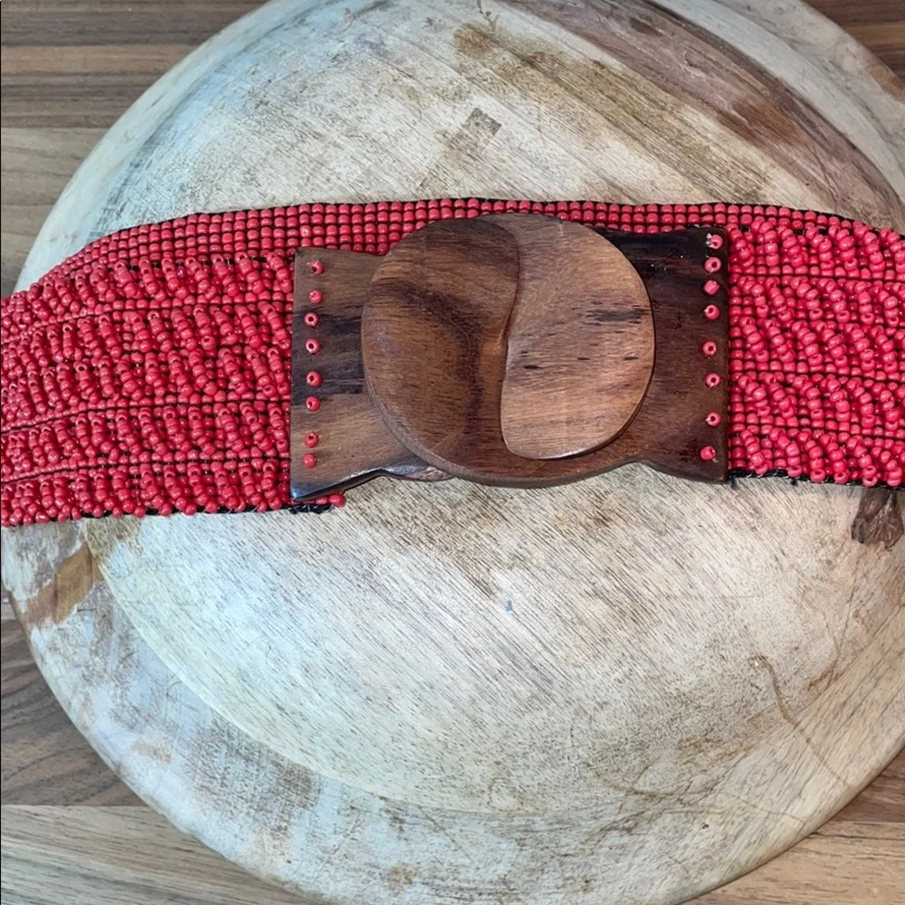 Boho Cowgirl Red Beaded Stretch Belt Wood Buckle Wide Artisan Small Southwest
